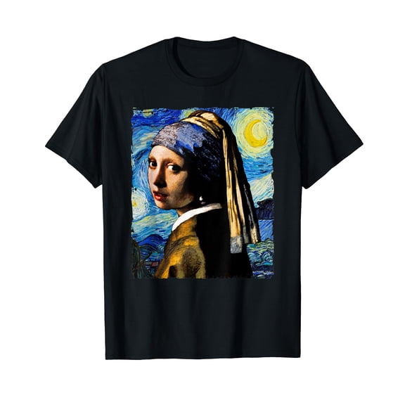 Starry Night and Girl With a Pearl Earring Van Gogh Art T-Shirt