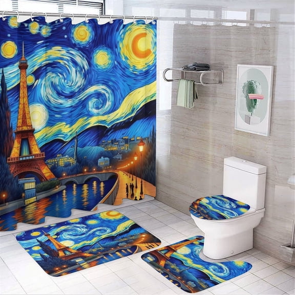 Starry Night in Paris Shower Curtain Bathroom Sets Toilet Lid Rug, Bath Mat And Contour Mat, Shower Curtain 4Pcs