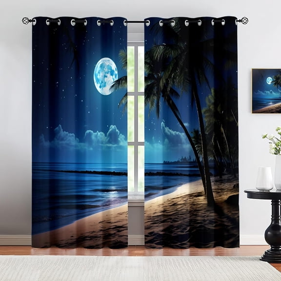 Starry Ocean Blackout Curtains, Moon Palm Tree Beach Window Drapes for Bedroom Living Room Kitchen, Thermal Insulated Grommet Curtains 26"W x 54"L (2 Pack)