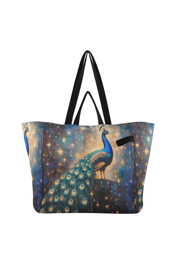 Starry Peacock Canvas Tote Bag Large Capacity Reusable Tote with Double Handles, Foldable Heavy Duty Shopping Beach Laundry Bag, 32L