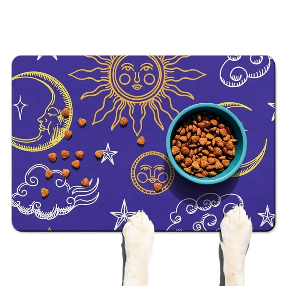 Starry Pet Food Mat - Gothic Celestial Dog Bowl Mat with Sun and Moon Print, Multi-Layer Absorbent and Non-Slip Mat for Messy Eaters, Large Size