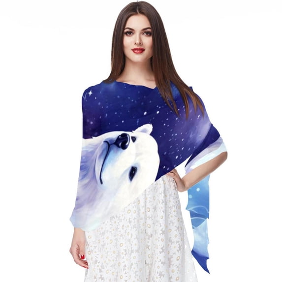 Starry Polar Bear Chic Chiffon Silk Scarf for Women - Lightweight and Breathable - Elegant 180x73cm Wrap for Any Occasion