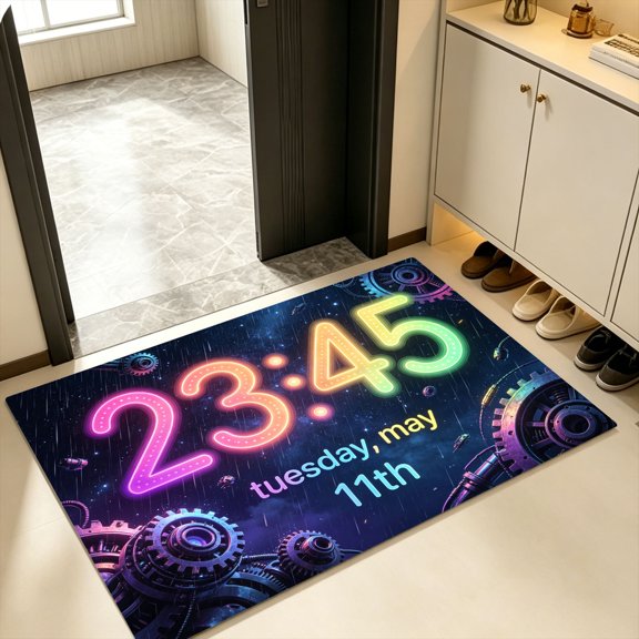 Starry Rain Space Gear Rainbow Dot Tube HUD Neon Clock Tue May Date Doormat, Kitchen Bedroom Entry Rug, Halloween Cosmic Mechanical Full Rainbow Space Neon Decor Gift