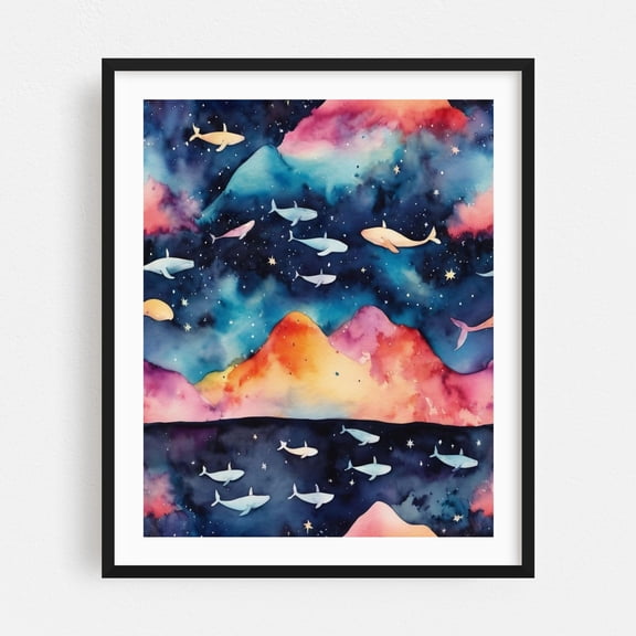 Starry Seascape - India Illustration Space Surrealism Stars Fantasy Cosmic Night Sky Black Framed Wall Art Print 12 x 16 inches