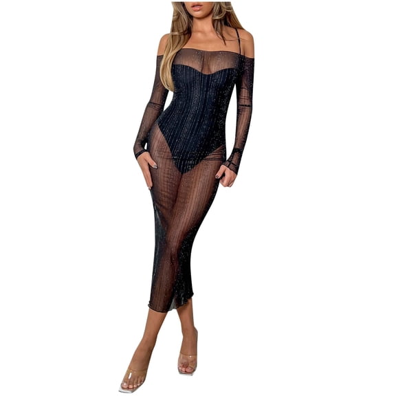 Starry Sequin Mesh Dress Women's Elegant Evening Gown Golden Thread Full Skirt Casual Party Wear