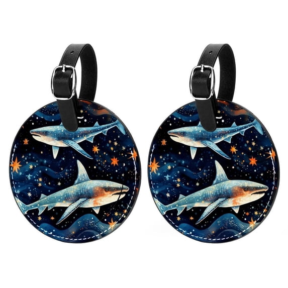 Starry Shark 2pcs PU Leather Round Bag Tags Suitcase Handbag Tags with Privacy Cover and Name ID Tag for Travel Luggage, Handbags, Backpacks, School Bags