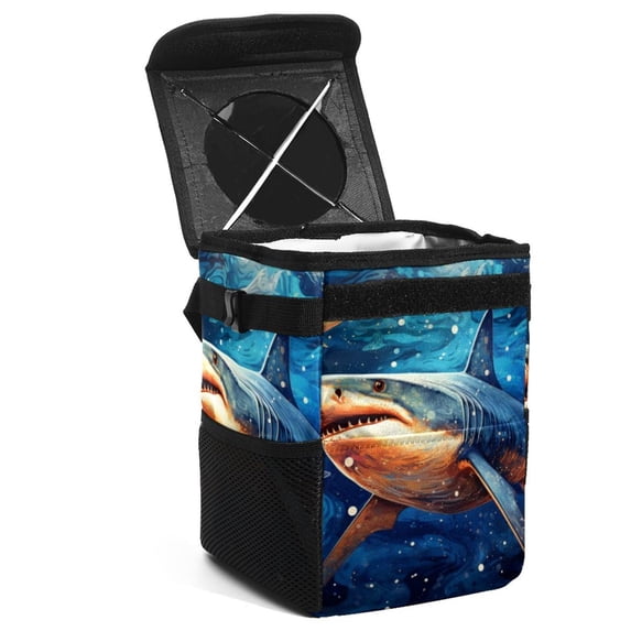 Starry Shark Foldable Mini Trash Can for Car with Lid, Leak-Proof, and Hanging Storage Bag - Car Trash Can