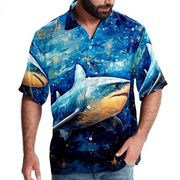 Starry Shark Men's Casual Printed Button Down Short Sleeve Beach Shirts