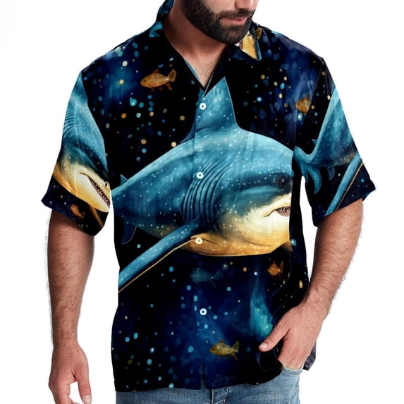 Starry Shark Men's Hawaiian Short Sleeve Printed Button Down Poplin Casual Summer Beach Shirt, Unisex