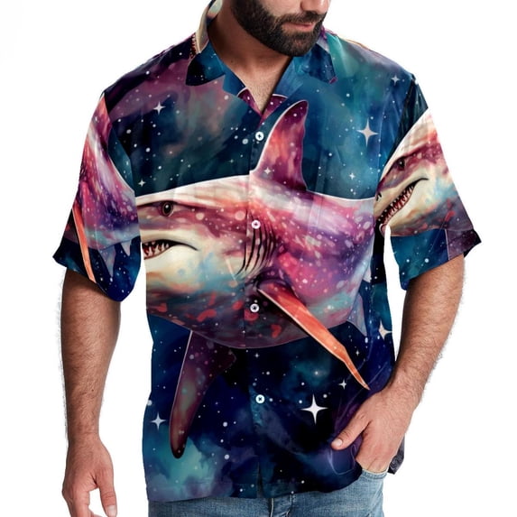 Starry Shark Men's Printed Button Down Short Sleeve Casual Summer Beach Shirt - Unisex