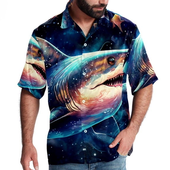 Starry Shark Men's Short Sleeve Beach Shirts Button Down Poplin Casual Printed Summer Unisex