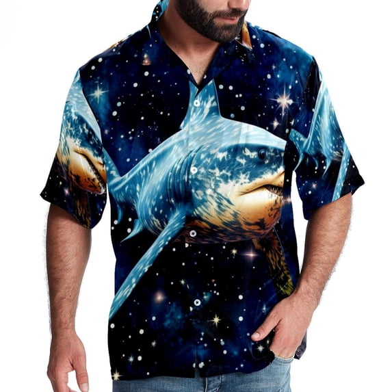 Starry Shark Men's Short Sleeve Beach Shirts Button Down Poplin Casual Printed Summer Unisex
