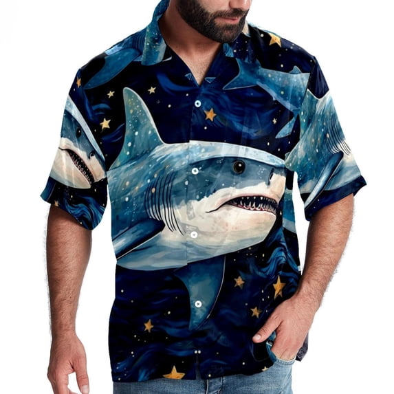 Starry Shark Men's Short Sleeve Beach Shirts, Casual Printed Button Down Summer Shirts for Men and Women