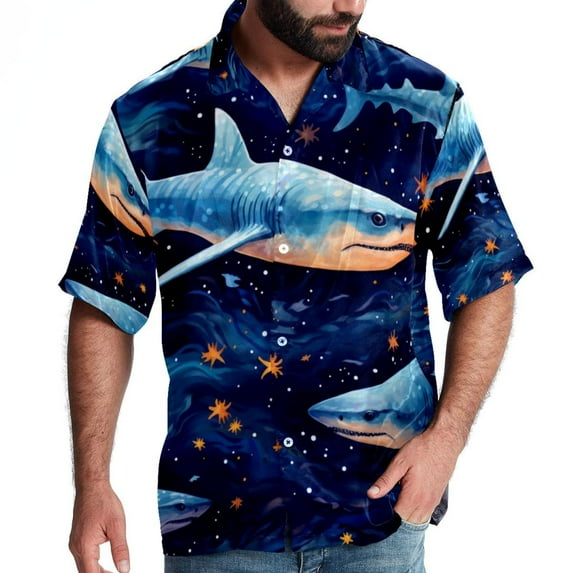 Starry Shark Men's Short Sleeve Button Down Hawaiian Shirts for Summer Beach Casual Printed Style