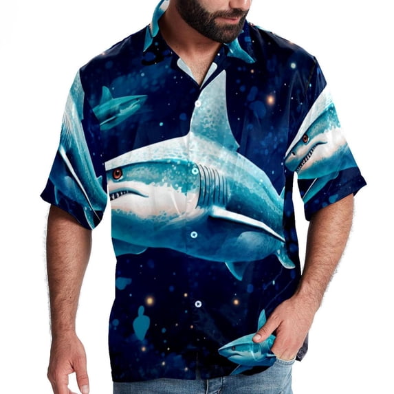 Starry Shark Men's Short Sleeve Button Down Poplin Casual Beach Shirts