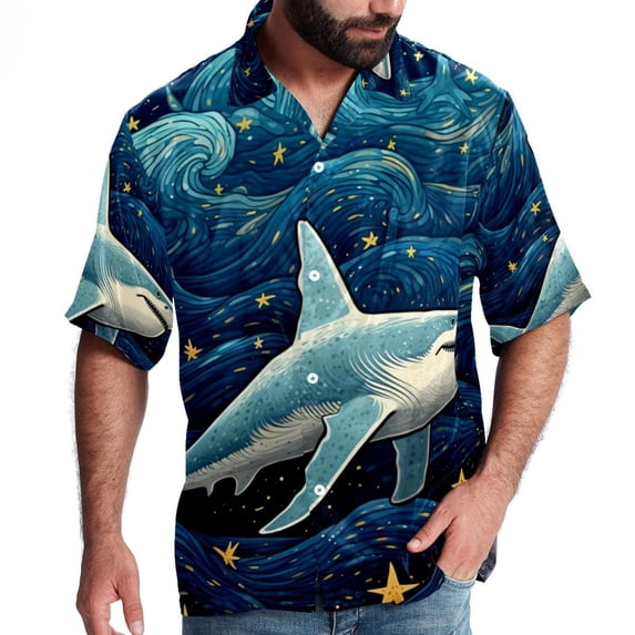 Starry Shark Men's Short Sleeve Button Down Poplin Hawaiian Shirt for Summer Beach, Casual Printed Unisex Style