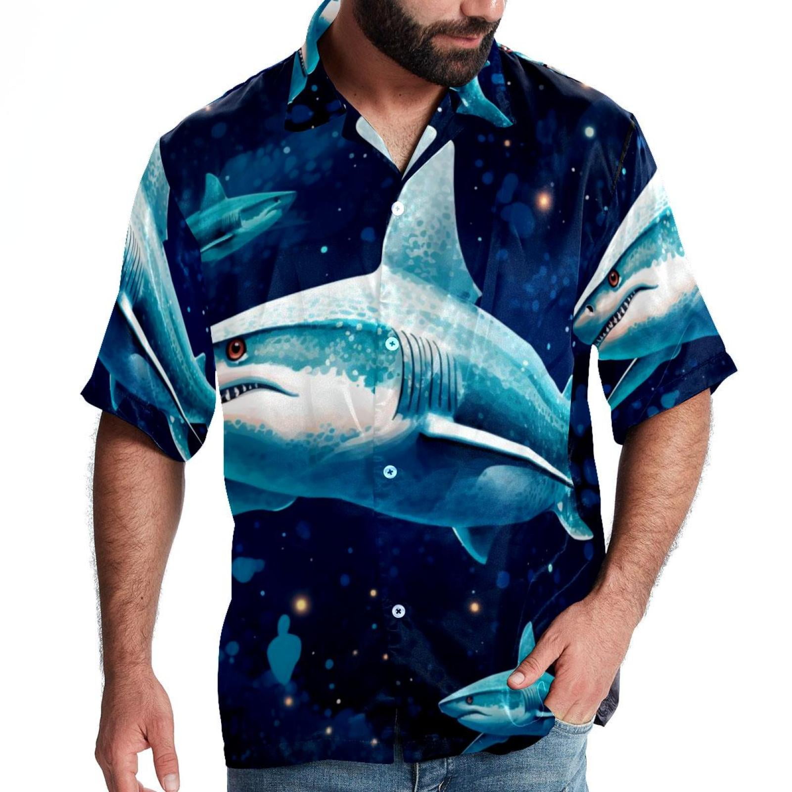 Starry Shark Men's Short Sleeve Hawaiian Print Button Down Beach Shirt ...