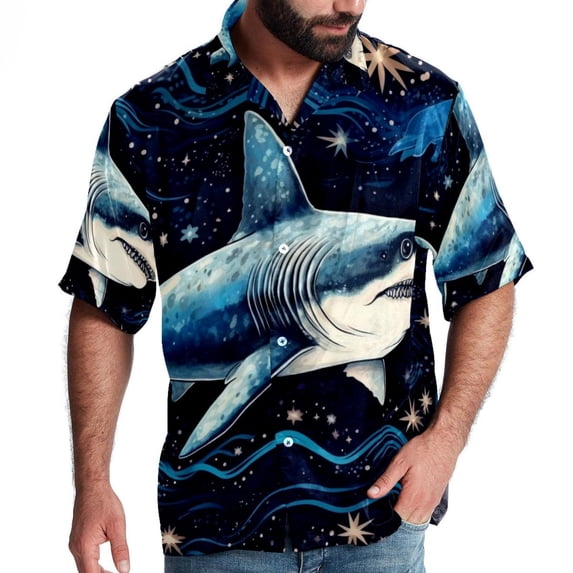 Starry Shark Men's Short Sleeve Poplin Beach Shirts, Casual Printed Button Down Summer Hawaiian Shirt - Unisex