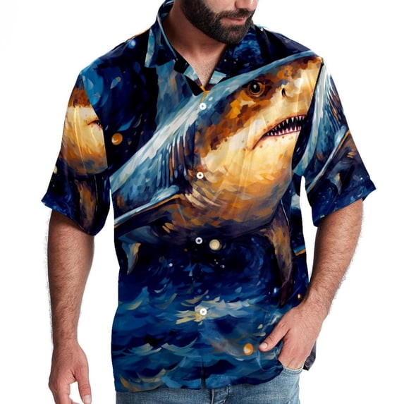 Starry Shark Men's Short Sleeve Poplin Shirt, Casual Printed Button Down Summer Beach Shirt - Unisex