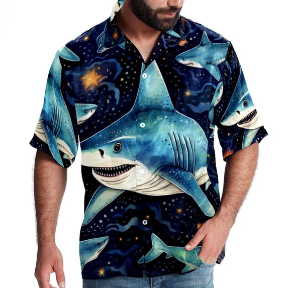 Starry Shark Men's Short Sleeve Poplin Shirt, Casual Printed Button Down Top for Summer Beach, Spread Collar Unisex Beach Shirt