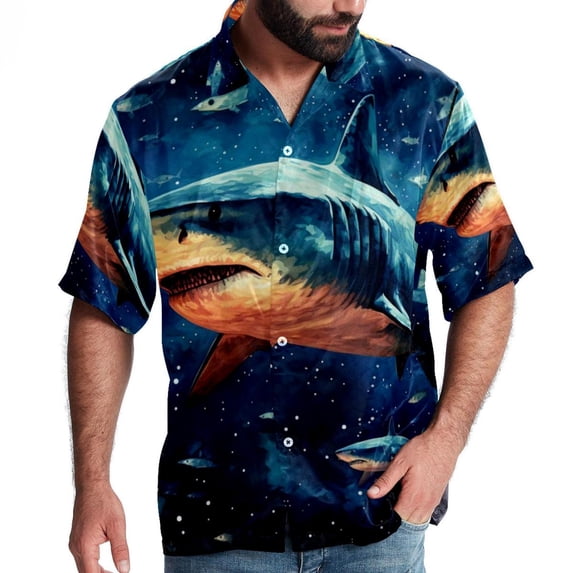 Starry Shark Men's Short Sleeve Shirts, Casual, Printed, Button Down Short, Summer Beach Shirts, Unisex