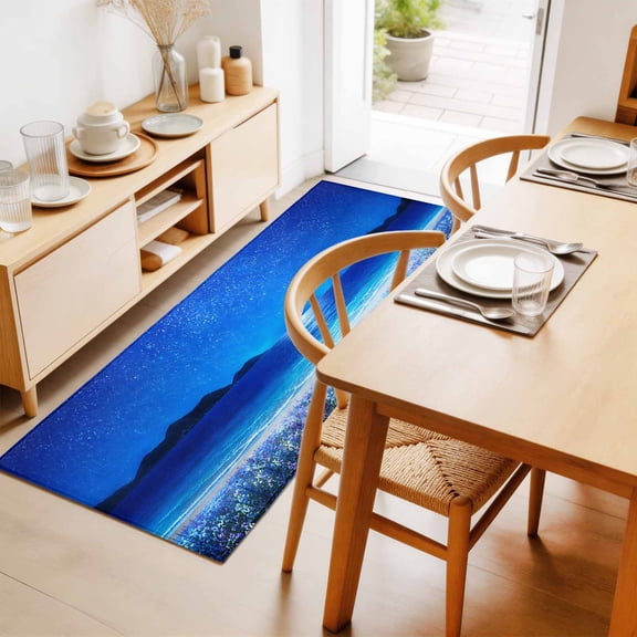 Starry Sky 2'x6' Runner Rug for Hallway Walkway Kitchen Galley, Beach Night Floral Wildflower Field Moonlight Low Pile Washable Non Slip Long Area Rug
