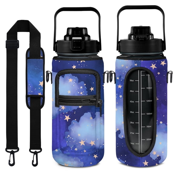 Starry Sky 64 Oz Water Bottle with Sleeve - BPA Free Leakproof Sport Large Plastic Water Bottle with Straw Strap & Insulated Neoprene Holder Carrier Bag Great Gift for Women Men