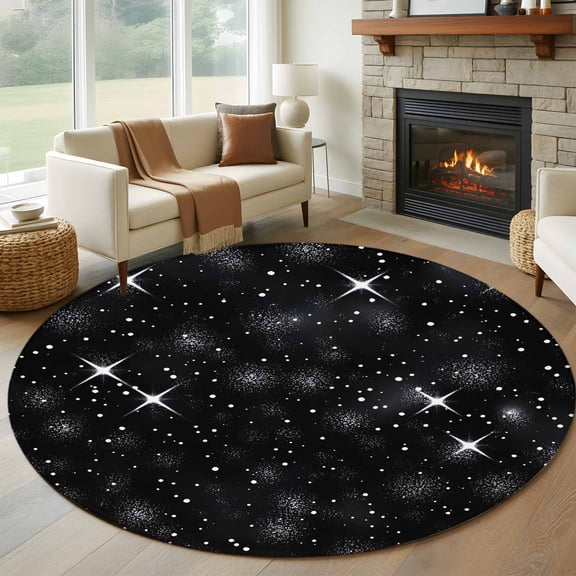 Starry Sky 8' Round Area Rug, Modern Black Abstract Dots Stars Aesthetic Washable Non-Slip Large Circle Rugs for Living Room Bedroom, Soft Low Pile Rug Carpet for Dining Room Kitchen Farmhouse