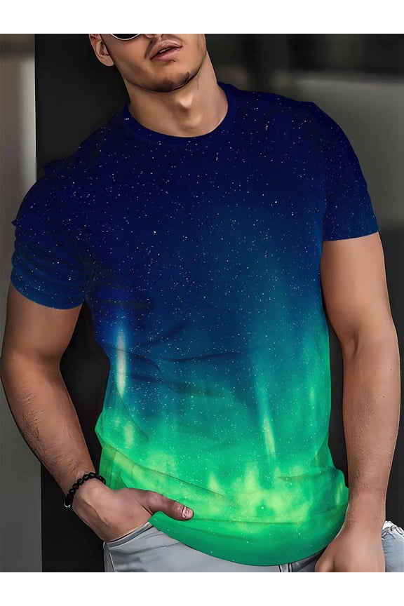 Starry Sky Aurora Gradient 3D Printed Men's Short Sleeve T-Shirt, New Summer Polyester Breathable Round Neck Top, Trendy Casual Comfortable Versatile Men's Clothing