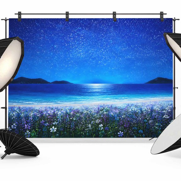Starry Sky Backdrops for Photography, Beach Night Floral Wildflower Field Moonlight Fabric Photo Background Sturdy Studio Props for Photo Studio, Video Recording, Booth & Photoshoot 8x6ft