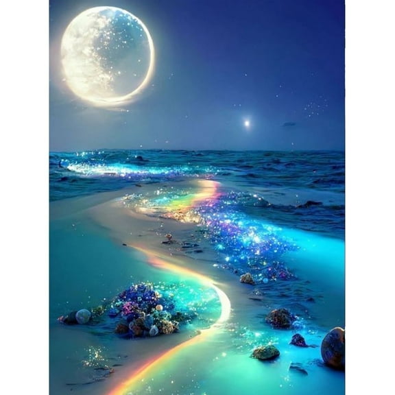 CSZPPQAF 5D DIY Diamond Art Kits for Adults Beginners,Blue Moon Beach Full Drill Diamond Dots Gem Art,Home Wall Decor 11.8x15.8inches.