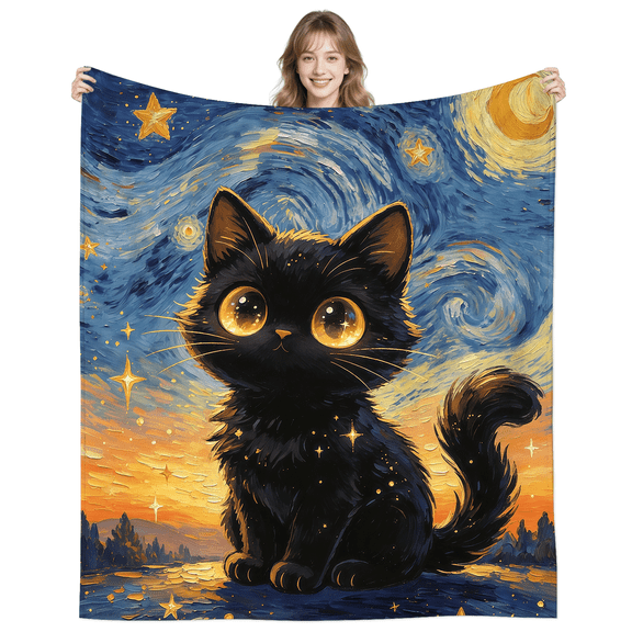 Starry Sky Black Cat Blanket Gifts for Women Adults Men Cat Lovers Cozy Flannel Black Cats Throw Blanket for Sofa Bedding Camping Decor 50X40 Inch