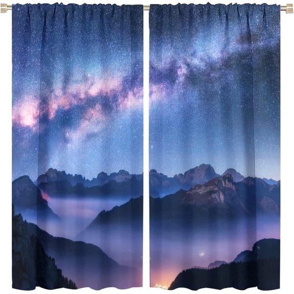 Starry Sky Blackout Curtains Night Romantic Nebula Misty Foggy Mountains Purple Blue Art Print for Living Room Bedroom Kitchen Decor Rod Pocket Window Drapes 2 Panels 42x54in
