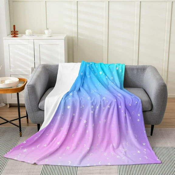 Starry Sky Blanket 40X50 Inch, Moon Star Throw Blanket for Girls Kids, Girly Fantasy Dream Galaxy Sky Flannel Blanket, Blue Purple Ombre Bed Blanket Microfiber Bedroom Decor, Pink