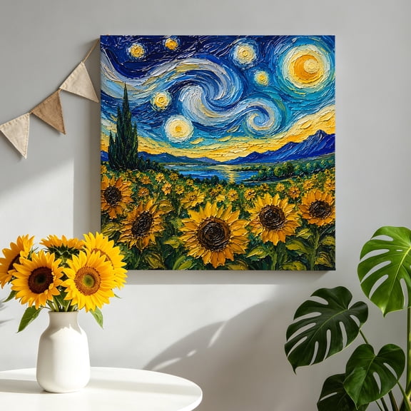Starry Sky Canvas Wall Art, Abstract Impressionist Yellow Sunflower Field Sky Hills Framed Canvas Wall Decor Picture Print Artwork Decorations for Living Room Office Ready to Hang 8" x 8"
