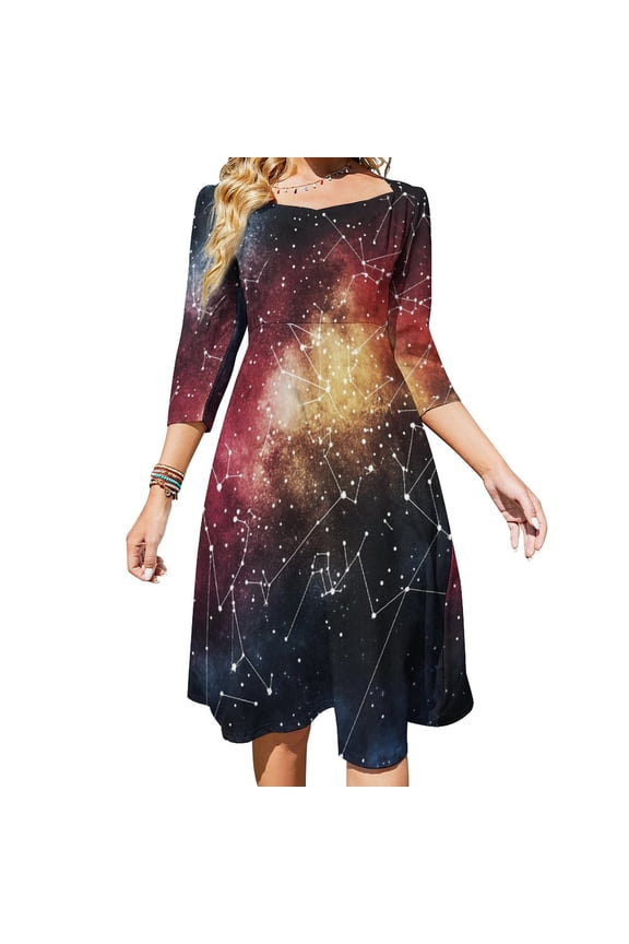 Starry Sky Constellation Galaxy Sweetheart Knot Flared Dress Fashion Design Large Size Loose Dress Spring Summer Women Dress