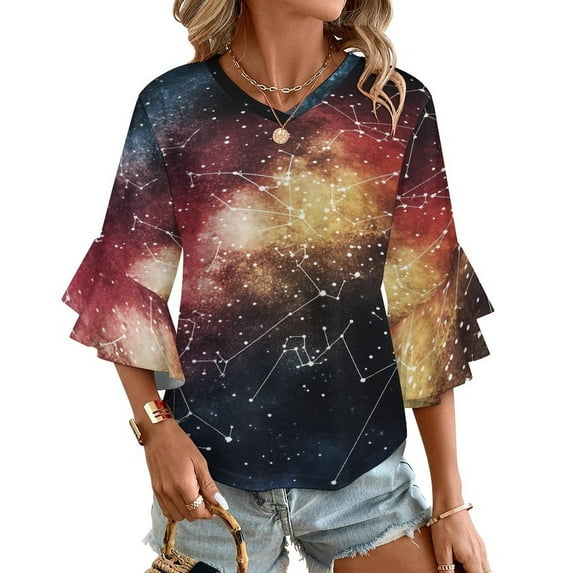 Starry Sky Constellation Galaxy Women's V-Neck Blouse With 3/4 Ruffled Bell Sleeves Casual Top Ladies Blouses
