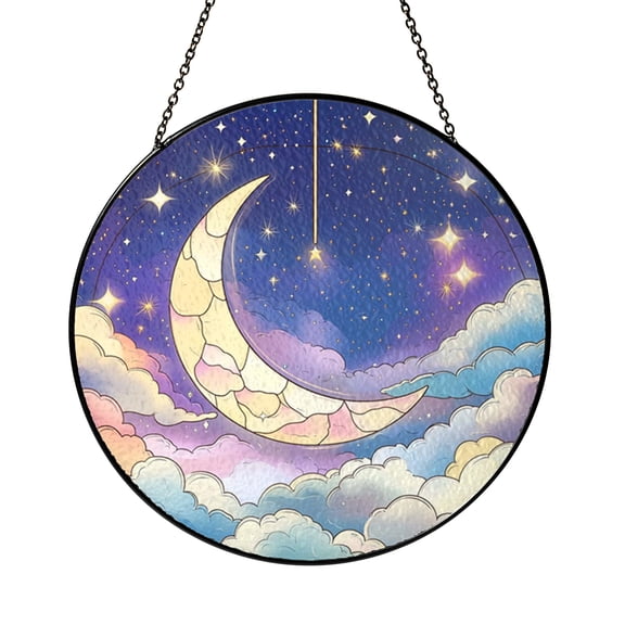 Starry Sky Crescent Moon Stained Glass Window Hanging – Decorative Art