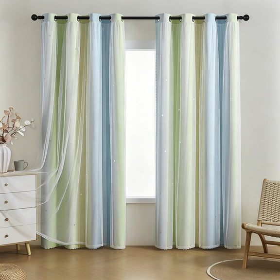 Starry Sky Curtain, Blackout Bedroom Drape, Cutout Pattern Panel, Double-Layer Sheer Overlay Design and Three-Color Gradient Print for Princess Room, Playroom, and Girls' Bedroom.