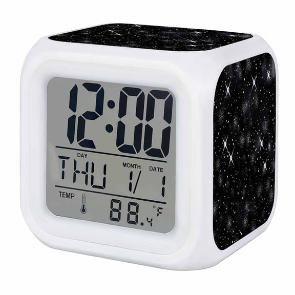 Starry Sky Digital Alarm Clock for Bedrooms,Smart LED Alarm Clock with 7 Color Changing Night Light,Modern Black Abstract Dots Stars Silent Wake Up Clocks for Sleep Study Cooking 3.2"x3.2"