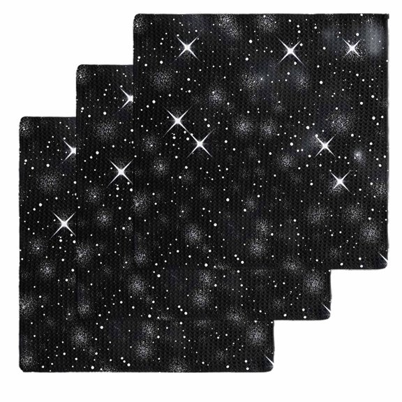 Starry Sky Dish Towels Set, Waffle Weave Kitchen Towels 3 Pieces, Modern Black Abstract Dots Stars Aesthetic Microfiber Hair Face Bath Tea Towel Absorbent Quick Drying Cleaning Dish Cloths, 12"x12"