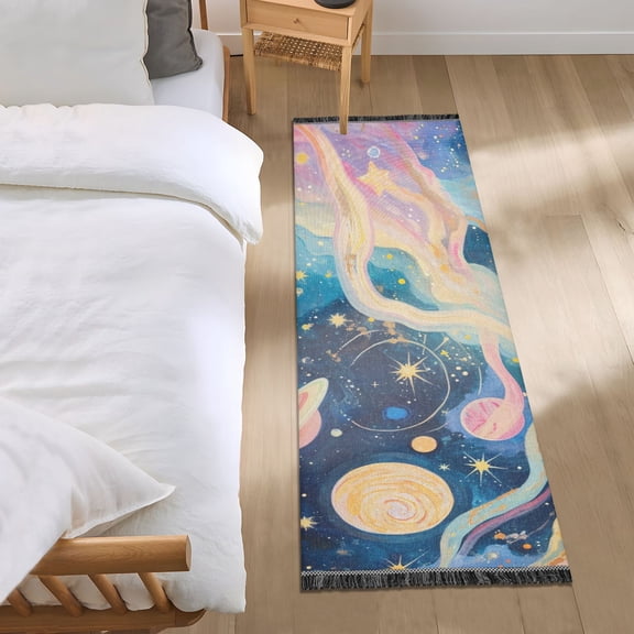 Starry Sky Dreamy Planets Stars Bedside Runner Rug 2'x 6' Non Slip Carpet Floor Mat Area Rug