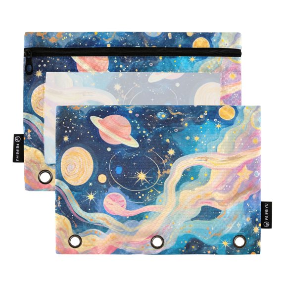 Starry Sky Dreamy Planets Stars Binder Pouches Zipper Pocket Document Storage 3 Rings 2 Packs A5 Size