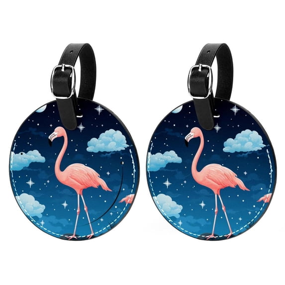 Starry Sky Flamingo 2pcs PU Leather Round Bag Tags with Privacy Cover and Name ID Tag - Suitcase Tags for Travel Luggage, Handbags, Backpacks, School Bags