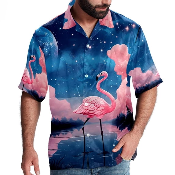 Starry Sky Flamingo Men's Printed Casual Button Down Short Sleeve Beach Shirts