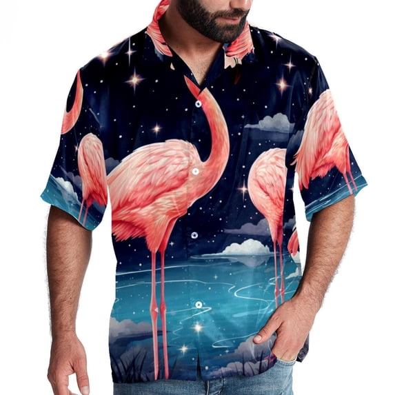 Starry Sky Flamingo Men's Short Sleeve Beach Shirts, Casual Poplin Button Down Shirt, Summer Casual Printed Unisex Shirts