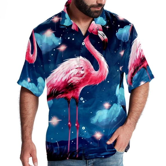 Starry Sky Flamingo Men's Short Sleeve Button Down Casual Beach Printed Shirts