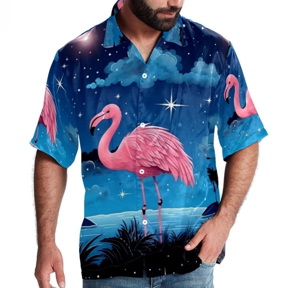 Starry Sky Flamingo Men's Short Sleeve Hawaiian Beach Shirts, Casual Printed Button Down Spread Collar Tops, Summer Unisex Style