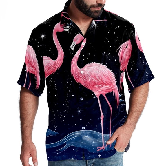Starry Sky Flamingo Men's Short Sleeve Printed Button Down Beach, Casual, Poplin Shirts for Summer Vacation