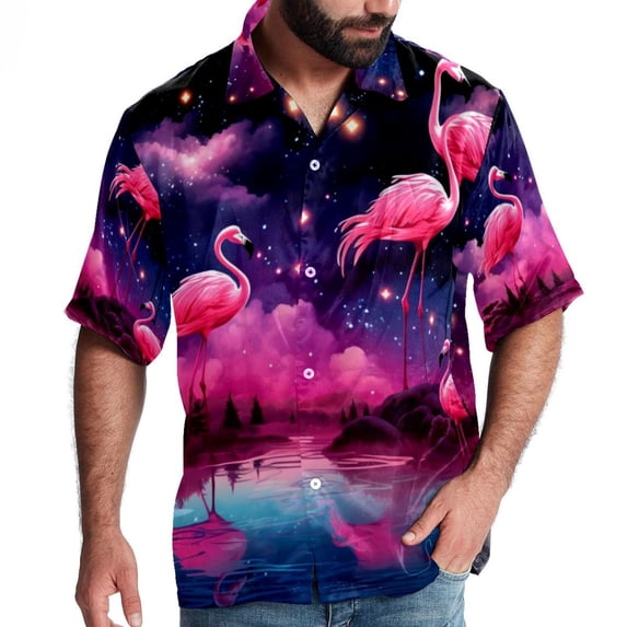 Starry Sky Flamingo Men's Short Sleeve Shirts, Casual, Printed, Button Down Short, Summer Beach Shirts, Unisex